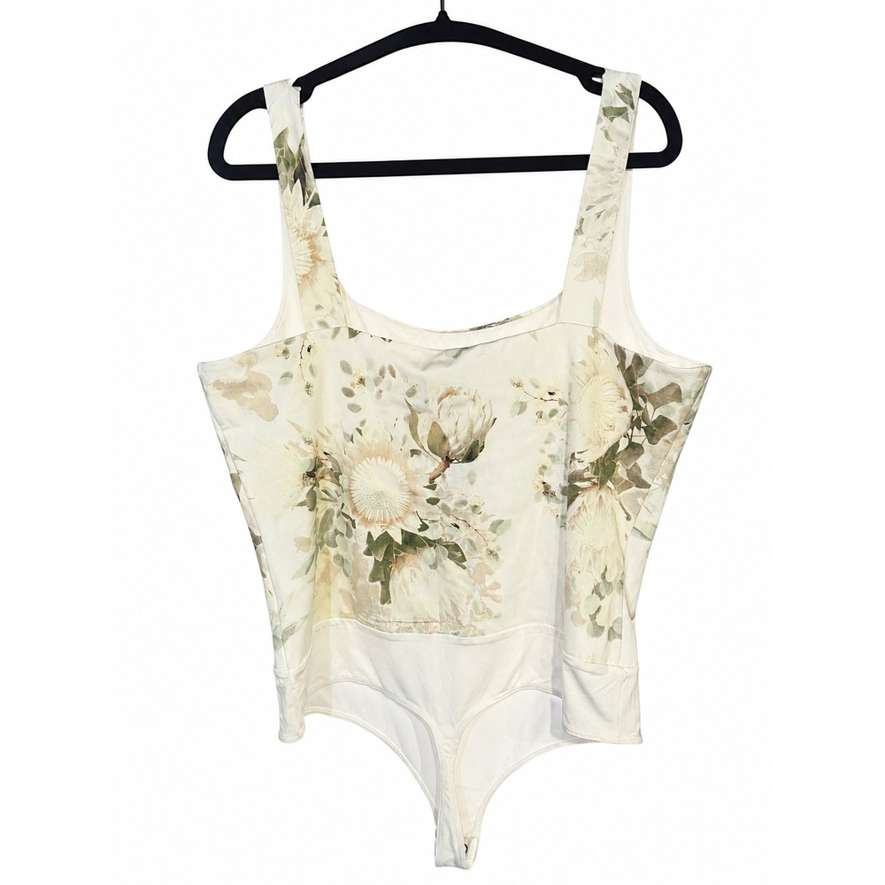Express Body Contour Floral Square Neck Bodysuit Cream Green XL NWT - Picture 2 of 7